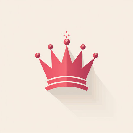 A flat design illustration of a pink crown with subtle sparkles and a soft shadow on a cream background. Minimalist royal symbol.の素材