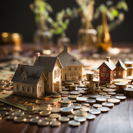 Miniature houses are placed on a pile of coins, representing the concept of real estate investment and financial growth.の素材