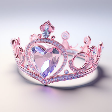 A delicate rose gold tiara adorned with sparkling diamonds and a central pink heart-shaped gemstone, presented on a clean, reflective surface.の素材