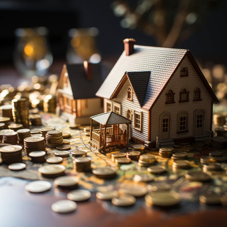 Miniature house models situated on a surface covered with a multitude of gold coins, suggesting real estate investment and wealth.の素材