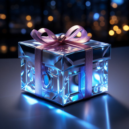 A transparent, faceted gift box illuminated with a bright blue glow, tied with a pink ribbon, set against a bokeh background.の素材