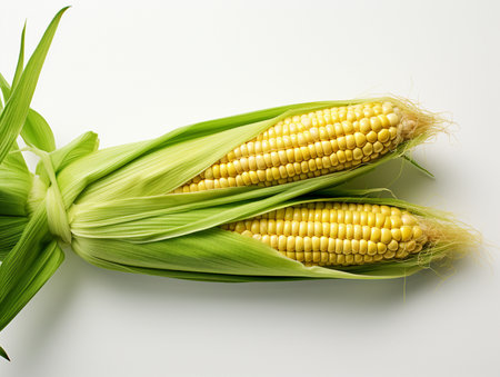 Two ripe ears of yellow corn, still in their green husks, are presented on a clean white surface.の素材