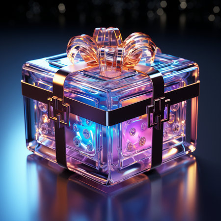 A clear glass gift box adorned with a gold ribbon and bow, illuminated by vibrant blue and pink lights within.の素材
