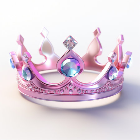 A beautiful pink crown adorned with numerous sparkling gemstones and a large central jewel, presented on a clean white background.の素材