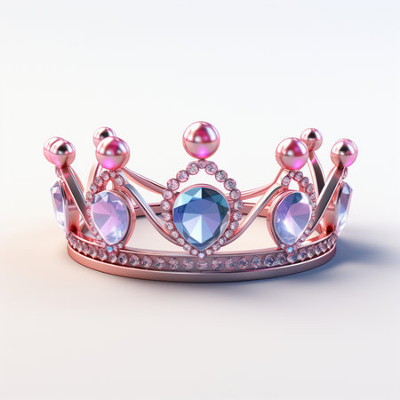 Elegant rose gold tiara adorned with sparkling blue and pink gemstones and pearl accents on a clean white background.の素材
