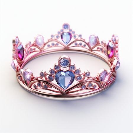 A detailed rose gold tiara crown adorned with sparkling blue heart-shaped gemstone and clear crystals on a white background.の素材