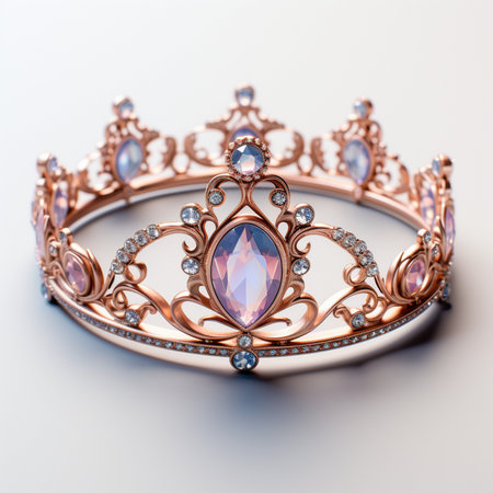 An elegant rose gold tiara adorned with shimmering gemstones and sparkling diamonds on a clean white background.の素材