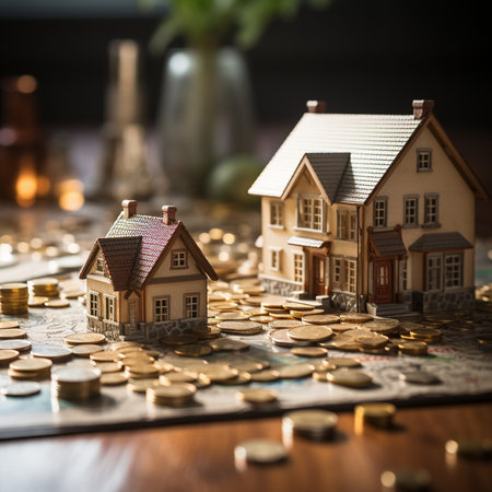 Miniature houses and stacks of gold coins scattered on a map, symbolizing real estate investment and wealth.の素材