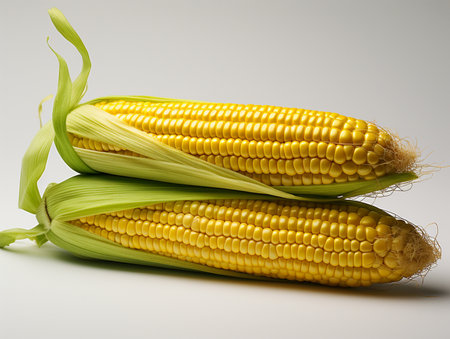 Two ripe yellow corn on the cob, with green husks, are stacked and presented on a plain white surface, highlighting their texture and color.の素材