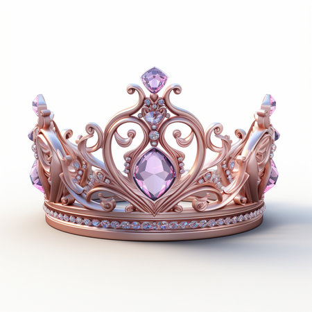 A beautiful rose gold tiara adorned with sparkling pink gemstones and diamonds on a white background.の素材