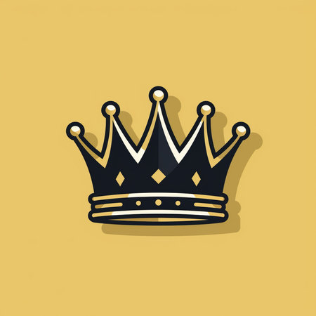 A stylized dark blue crown with gold accents on a yellow background. Symbol of monarchy, power, and royalty.の素材