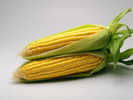 Two ripe, yellow corn cobs with green husks are placed on a clean, light gray surface, showcasing their kernels and silk.の素材