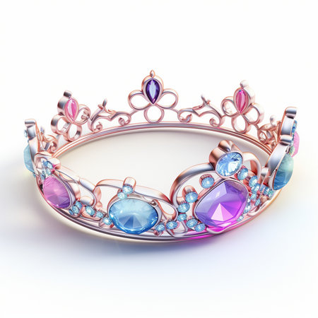 A beautiful rose gold tiara adorned with a variety of colorful, sparkling gemstones and intricate filigree details, set against a clean white background.の素材