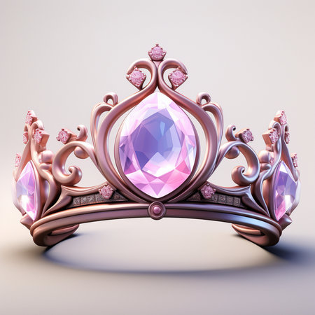 An ornate rose gold tiara adorned with sparkling pink and purple gemstones, perfect for royal or fantasy themes. Elegant design with intricate details.の素材