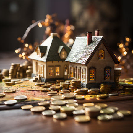 Miniature houses are placed on stacks of coins and a map, illuminated by bokeh lights, suggesting financial investment in property.の素材