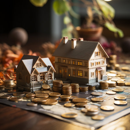 A close-up view of two model houses nestled among numerous stacks and scattered gold coins, set against a blurred background.の素材