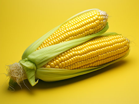 Freshly harvested corn on the cob, featuring bright yellow kernels and vibrant green husks, displayed against a plain yellow backdrop.の素材