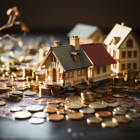 Miniature houses placed on a pile of coins, symbolizing real estate investment, financial growth, and wealth.の素材