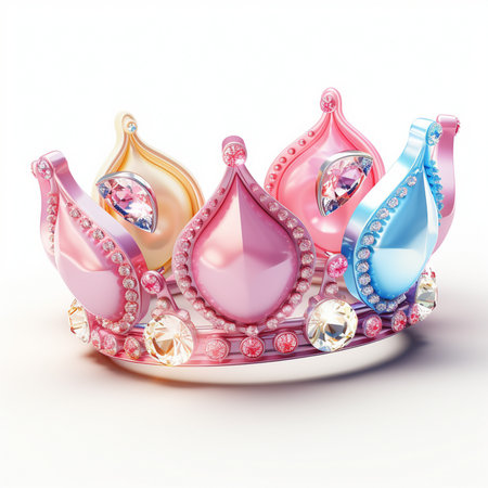A luxurious, shimmering crown adorned with colorful teardrop-shaped gems and sparkling diamonds, resting on a white background.の素材