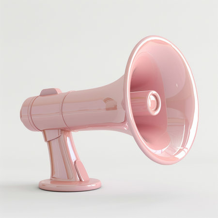 A shiny pink megaphone, isolated on a plain white background. A simple studio shot focusing on the object.の素材