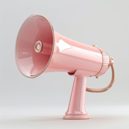 A sleek, glossy pink megaphone featuring rose gold metallic accents, isolated on a clean white background. Modern graphic design.の素材