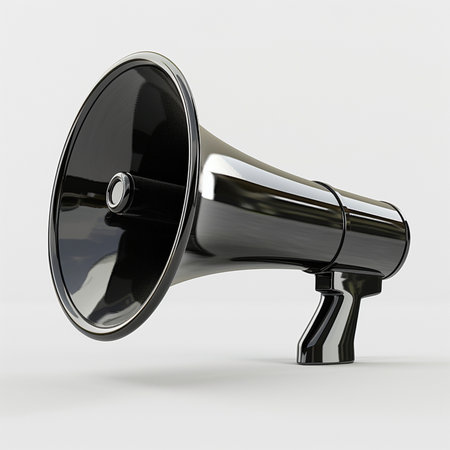 A highly polished chrome megaphone, a classic symbol of announcement and communication, isolated on a clean white studio background.の素材