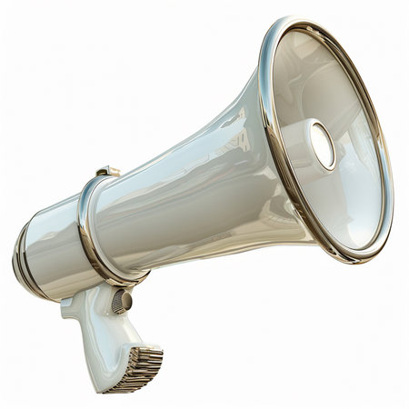 A shiny white megaphone with polished chrome trim and a textured handle, isolated on a bright white backdrop.の素材