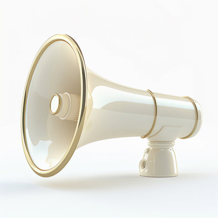 A vintage-style cream and gold megaphone, isolated on a clean white studio background. Classic design.の素材