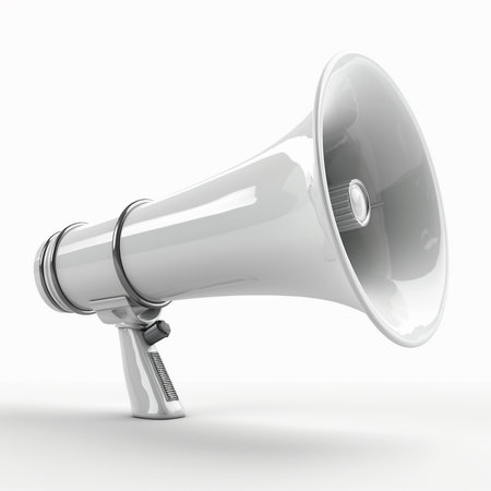 A clean, modern white megaphone shown from a close-up angle in a studio setting. Isolated on a white background.の素材