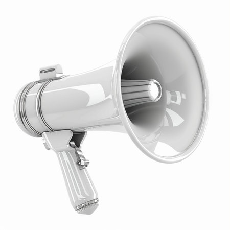 A modern, glossy white megaphone with a handle and metallic accents, isolated on a white background. Perfect for concepts of sound, voice, or announcements.の素材