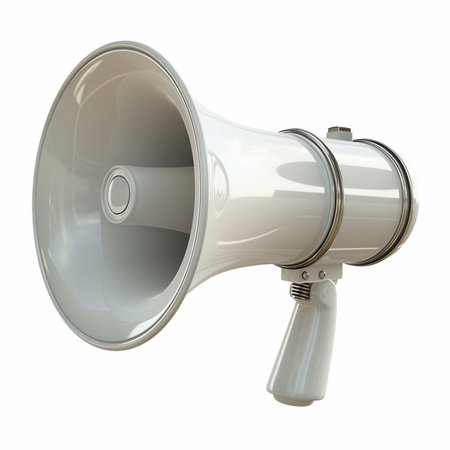 A detailed studio shot of a classic white megaphone with a silver trim, presented against a stark white backdrop.の素材