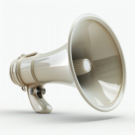 A detailed, realistic render of a classic cream-colored megaphone, presented against a clean white backdrop. Object isolation.の素材