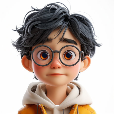 A detailed 3D render of a young boy's face with expressive eyes, glasses, and a warm hooded jacket.の素材