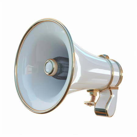 A detailed 3D render of a vintage-style white megaphone featuring shiny gold accents and a prominent wire mesh microphone.の素材