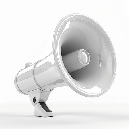 A pristine white megaphone, a symbol of communication and amplification, presented in a clean studio shot on a pure white backdrop.の素材