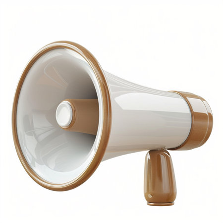 A white megaphone with brown wooden details, presented in a realistic 3D render against a clean white backdrop.の素材
