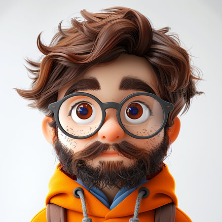 A charming 3D cartoon illustration of a man with messy brown hair, glasses, a beard, and an orange hoodie, set against a plain background.の素材
