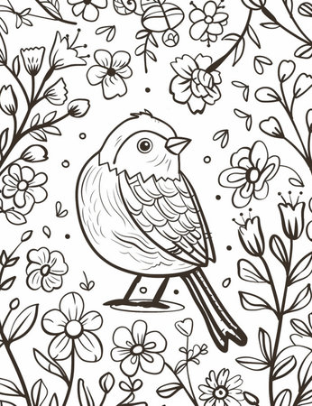 A charming black and white illustration of a small bird perched amidst various flowers and foliage, perfect for nature and animal themes.の素材