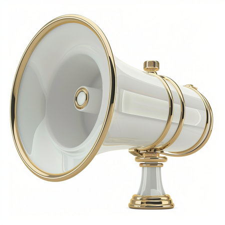 A sophisticated white megaphone adorned with gleaming gold trim and a matching stand, presented on a clean white backdrop. This object symbolizes announcement and communication.の素材
