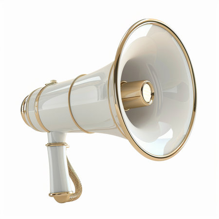 A luxurious white and gold megaphone presented on a clean white background, exuding a sense of classic style and communication.の素材