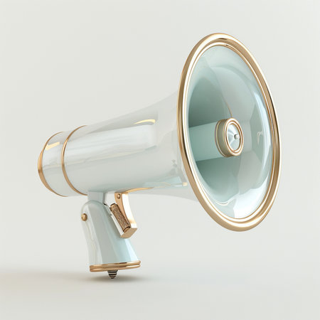 A stylish, modern megaphone featuring a glossy white body, gold accents, and a pale blue interior, presented against a clean light background.の素材