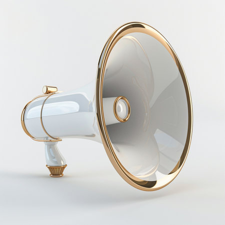 A beautifully crafted white and gold megaphone, presented as a standalone object against a neutral, clean background. High-quality rendering.の素材