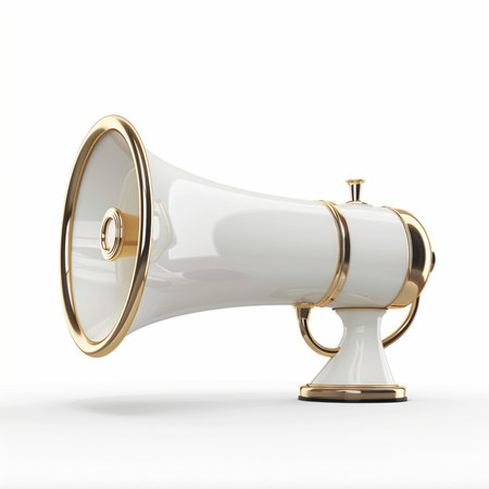 A classic white megaphone with polished gold trim and accents, displayed on a clean white surface, symbolizing communication and announcement.の素材