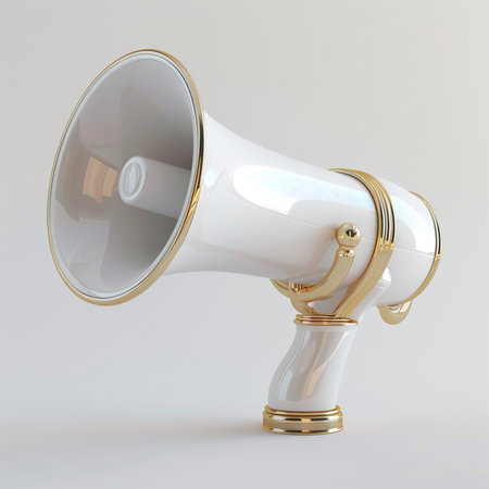 A sophisticated white and gold megaphone, presented as a standalone object on a clean, light grey backdrop.の素材