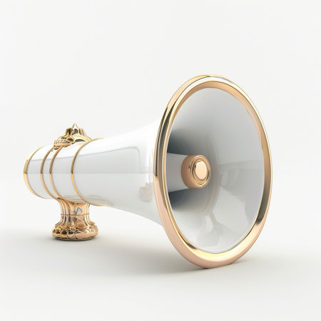 A luxurious white and gold megaphone, featuring ornate decorative accents, presented against a clean white backdrop. This symbolizes announcement and communication.の素材