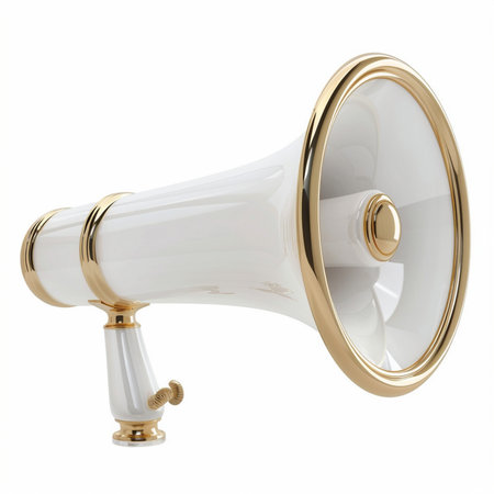 A luxurious white megaphone with gold accents, presented on a clean white background. This elegant design evokes quality and communication.の素材