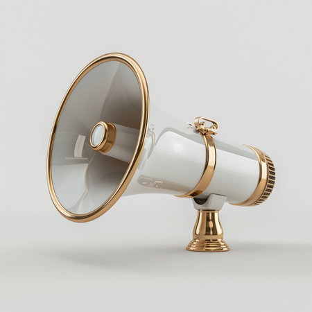 A sleek white and gold megaphone, showcasing a classic design with luxurious, modern accents. Isolated on a neutral background.の素材