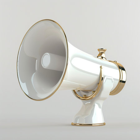A detailed studio shot of a luxurious white and gold megaphone, symbolizing communication and announcement, isolated on a clean, neutral background.の素材