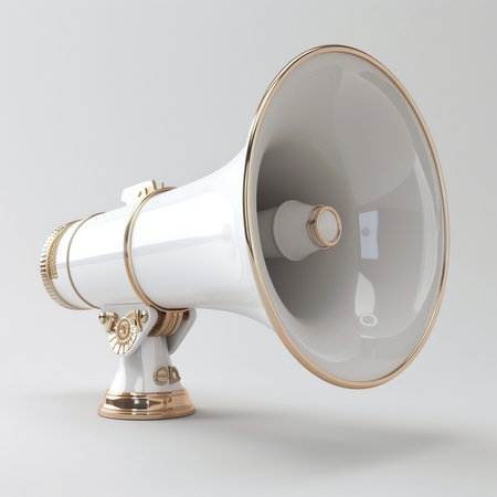 A stylish white and gold megaphone, featuring ornate details and a classic design, presented against a clean background.の素材