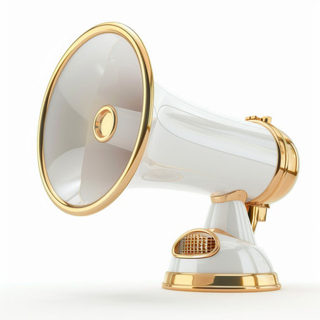 A luxurious white and gold megaphone, a symbol of communication, elegantly presented on a clean white backdrop. This classic object is rendered in 3D.の素材